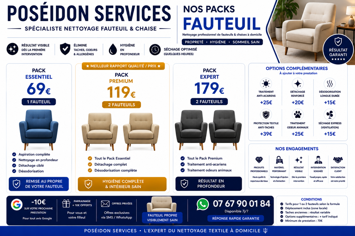 Nettoyage Fauteuil 30 minutes à 1 heures d’intervention